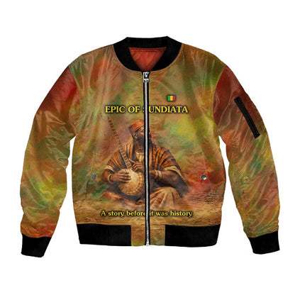 Sundiata Keita Sleeve Zip Bomber Jacket Griot Storytelling Scene, Epic of Sundiata Text and Heritage-Inspired Earth Tone - African Pride