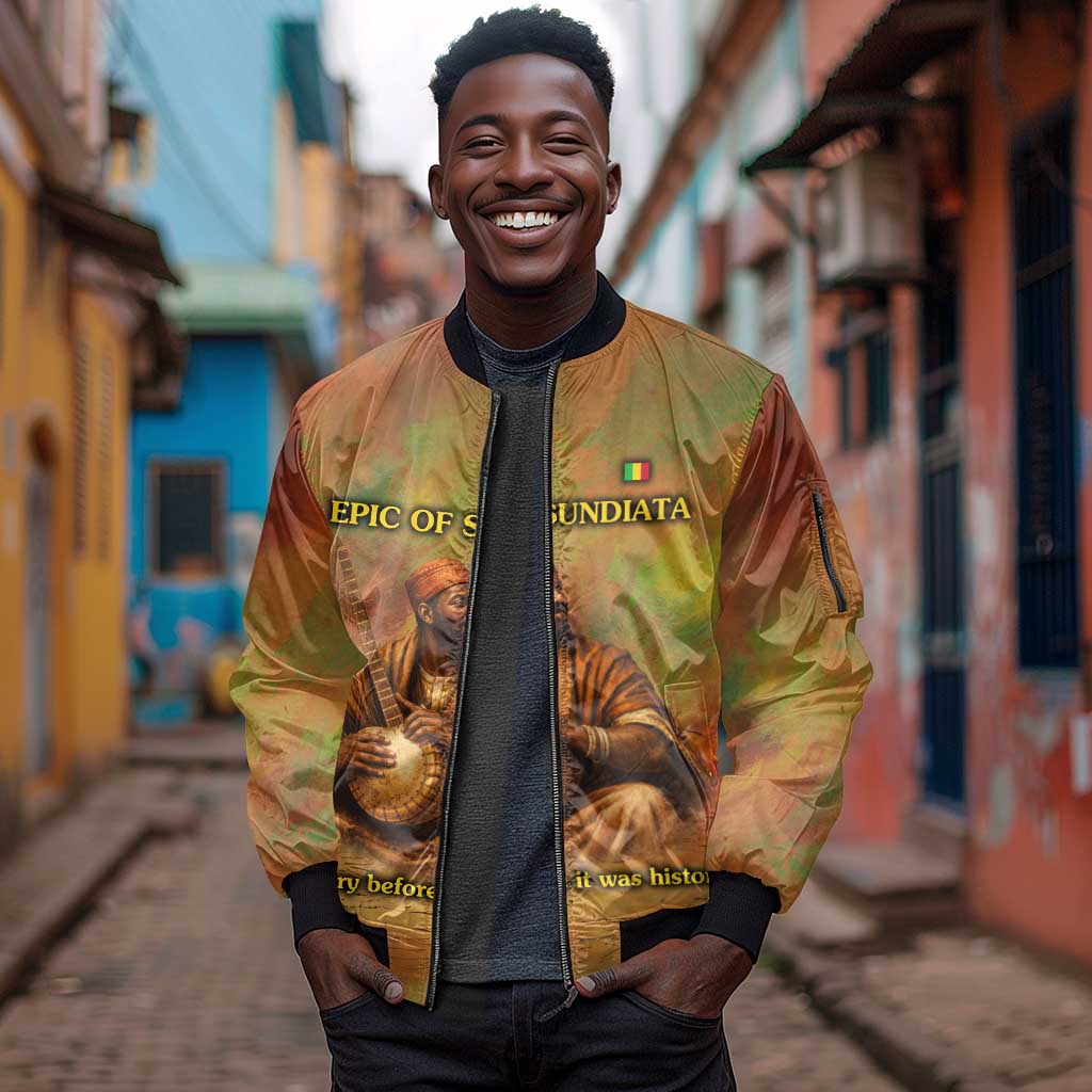 Sundiata Keita Sleeve Zip Bomber Jacket Griot Storytelling Scene, Epic of Sundiata Text and Heritage-Inspired Earth Tone - African Pride