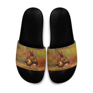 Sundiata Keita Slide Sandals Griot Storytelling Scene, Epic of Sundiata Text and Heritage-Inspired Earth Tone - African Pride