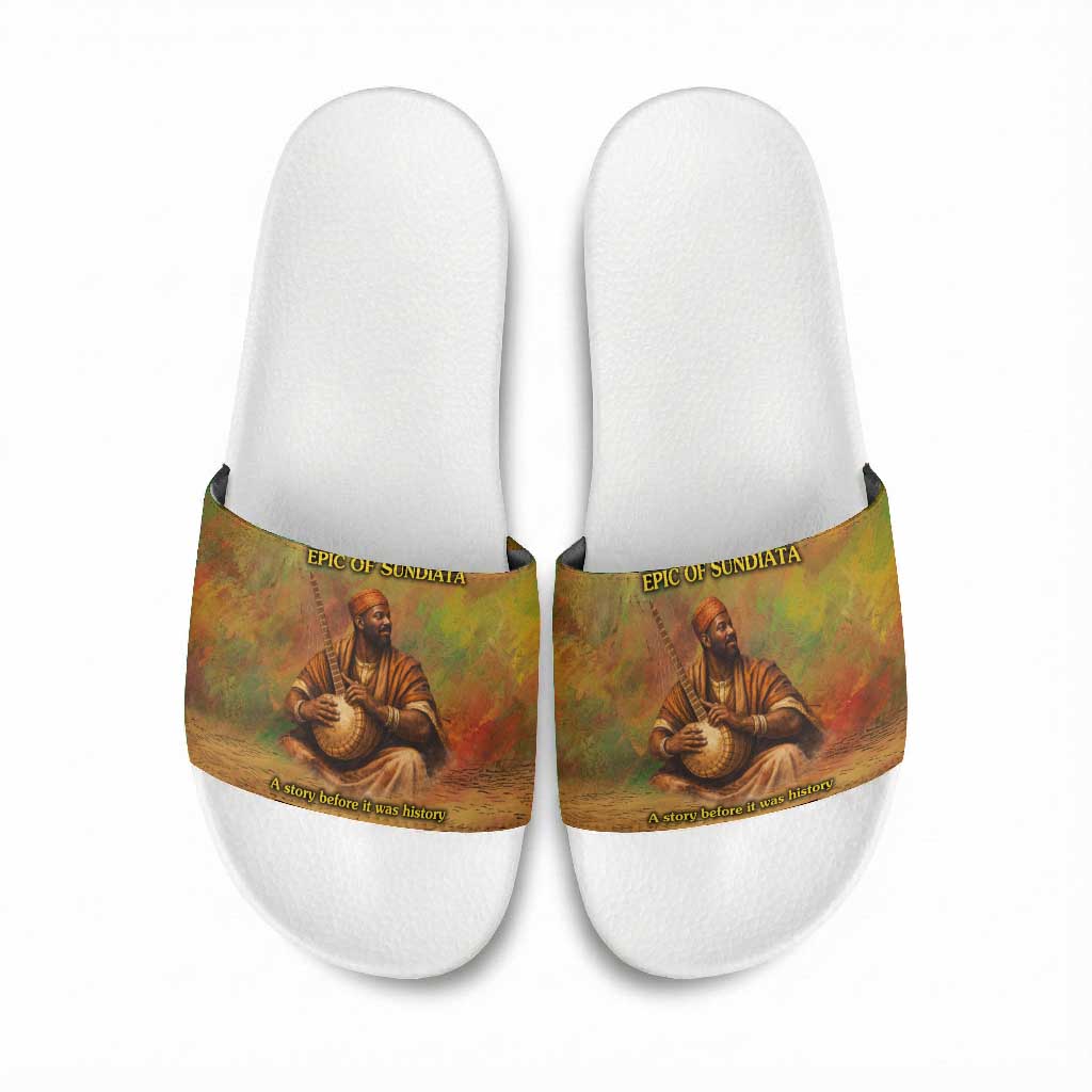 Sundiata Keita Slide Sandals Griot Storytelling Scene, Epic of Sundiata Text and Heritage-Inspired Earth Tone - African Pride