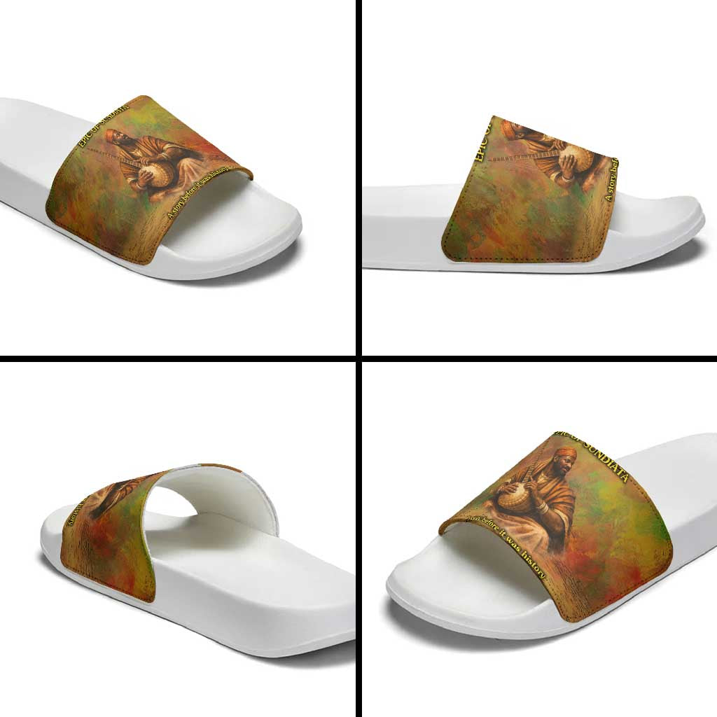 Sundiata Keita Slide Sandals Griot Storytelling Scene, Epic of Sundiata Text and Heritage-Inspired Earth Tone - African Pride