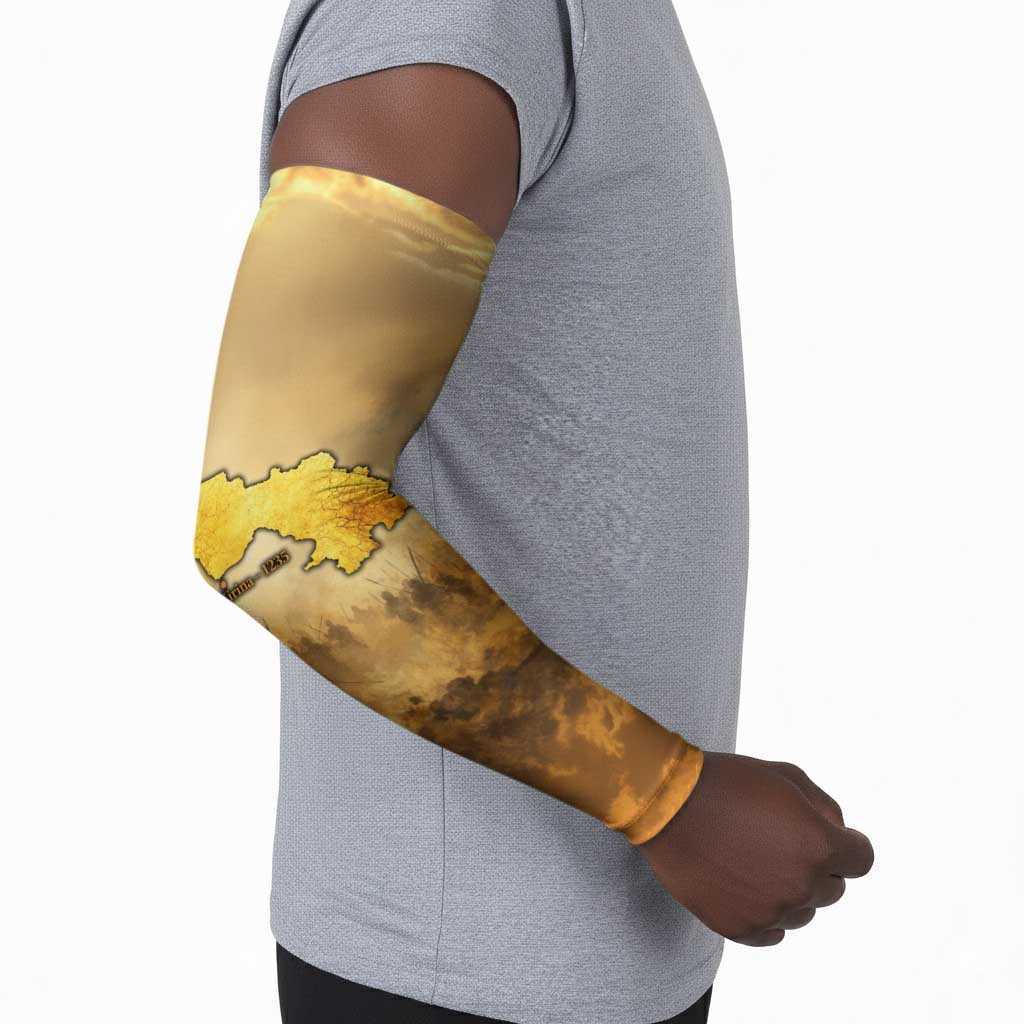 Sundiata Keita Arm Sleeves with Kirina 1235 Battle Map, Horseback Warrior and Birth of an Empire Design - African Pride
