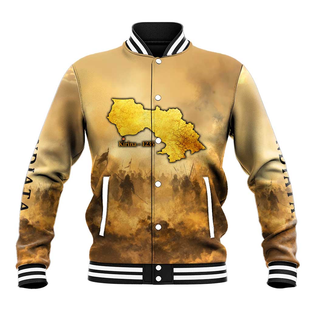 Sundiata Keita Baseball Jacket with Kirina 1235 Battle Map, Horseback Warrior and Birth of an Empire Design - African Pride