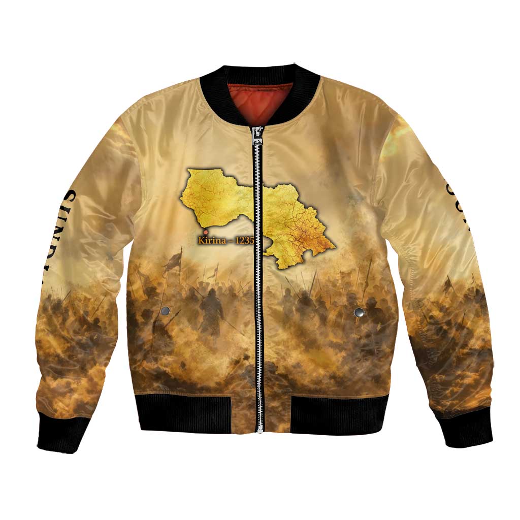Sundiata Keita Bomber Jacket with Kirina 1235 Battle Map, Horseback Warrior and Birth of an Empire Design - African Pride