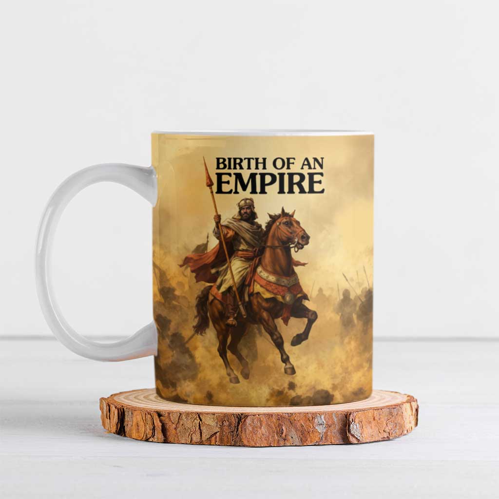 Sundiata Keita Ceramic Mug with Kirina 1235 Battle Map, Horseback Warrior and Birth of an Empire Design - African Pride