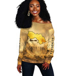 Sundiata Keita Off Shoulder Sweater with Kirina 1235 Battle Map, Horseback Warrior and Birth of an Empire Design - African Pride