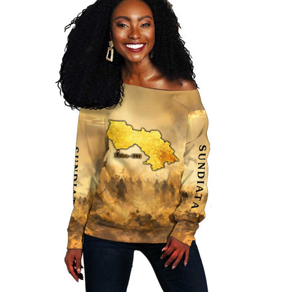 Sundiata Keita Off Shoulder Sweater with Kirina 1235 Battle Map, Horseback Warrior and Birth of an Empire Design - African Pride