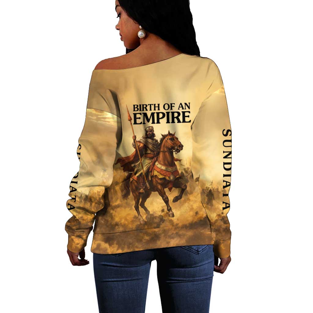 Sundiata Keita Off Shoulder Sweater with Kirina 1235 Battle Map, Horseback Warrior and Birth of an Empire Design - African Pride