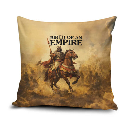 Sundiata Keita Pillow Cover with Kirina 1235 Battle Map, Horseback Warrior and Birth of an Empire Design - African Pride