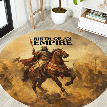 Sundiata Keita Round Carpet with Kirina 1235 Battle Map, Horseback Warrior and Birth of an Empire Design - African Pride