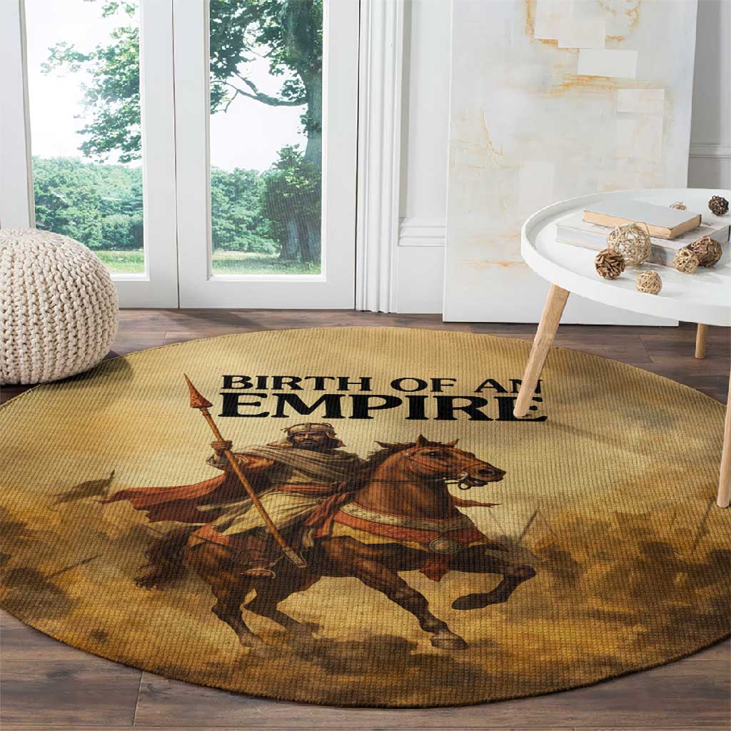 Sundiata Keita Round Carpet with Kirina 1235 Battle Map, Horseback Warrior and Birth of an Empire Design - African Pride