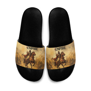 Sundiata Keita Slide Sandals with Kirina 1235 Battle Map, Horseback Warrior and Birth of an Empire Design - African Pride
