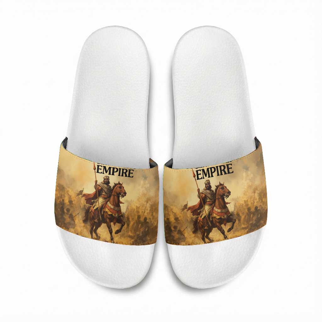 Sundiata Keita Slide Sandals with Kirina 1235 Battle Map, Horseback Warrior and Birth of an Empire Design - African Pride