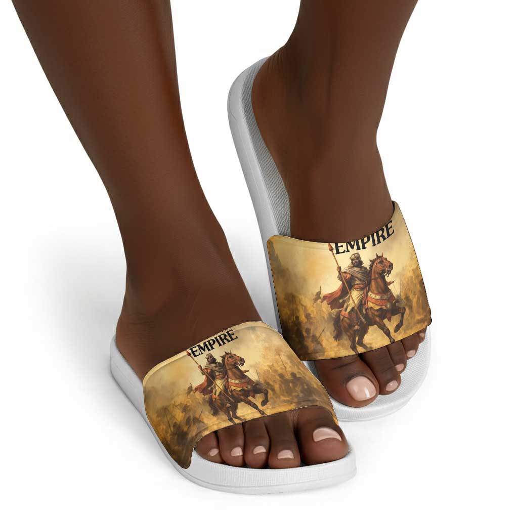 Sundiata Keita Slide Sandals with Kirina 1235 Battle Map, Horseback Warrior and Birth of an Empire Design - African Pride
