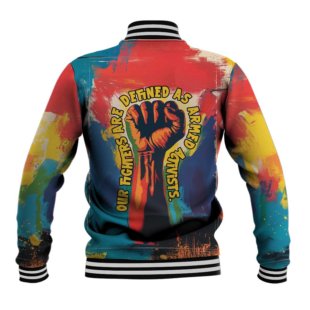 Amilcar Cabral Baseball Jacket Armed Activist Quote Raised Fist African Liberation Tribute - Colorful Paint Stroke - African Pride