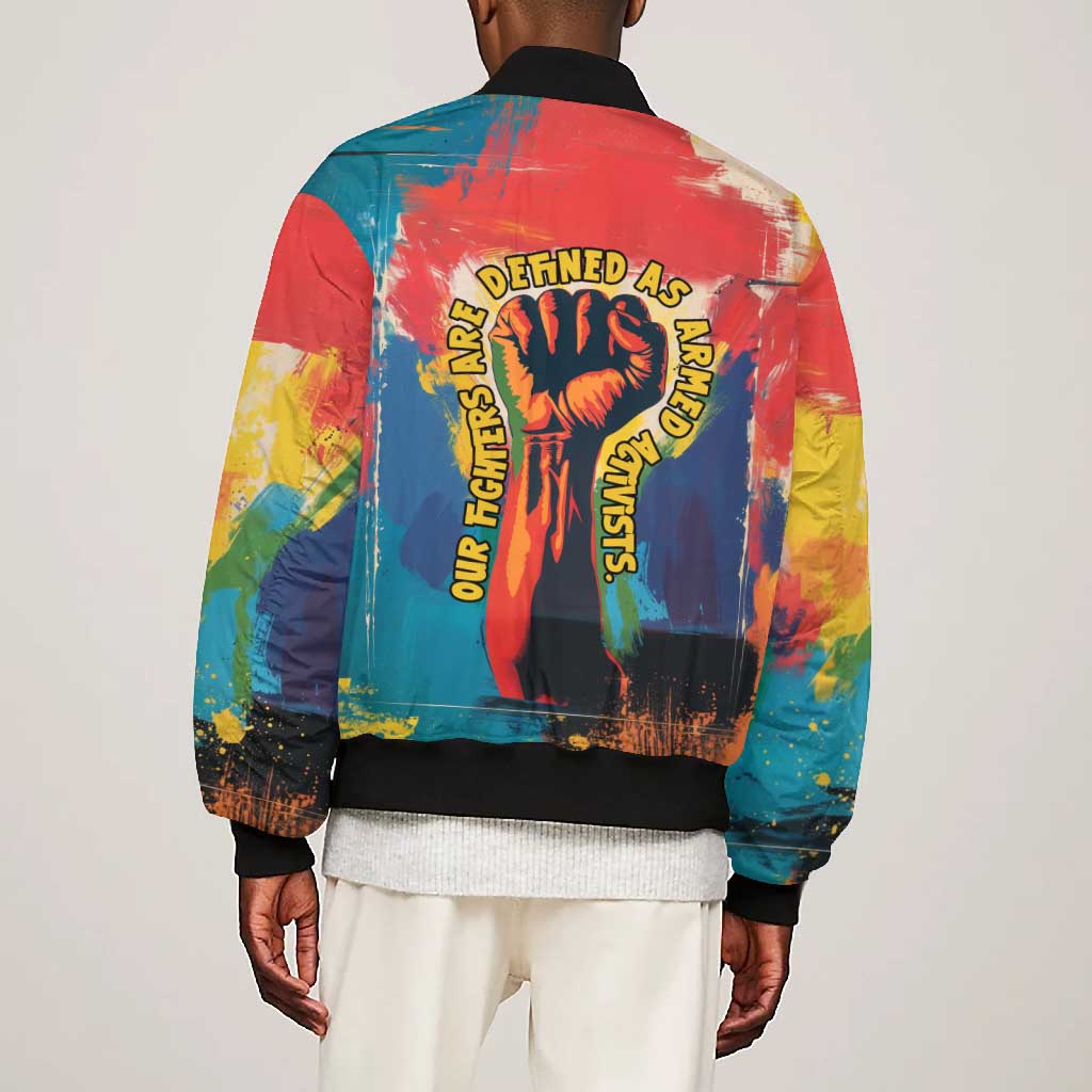 Amilcar Cabral Bomber Jacket Armed Activist Quote Raised Fist African Liberation Tribute - Colorful Paint Stroke - African Pride