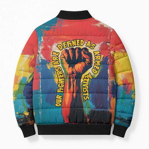 Amilcar Cabral Bomber Puffer Jacket Armed Activist Quote Raised Fist African Liberation Tribute - Colorful Paint Stroke - African Pride