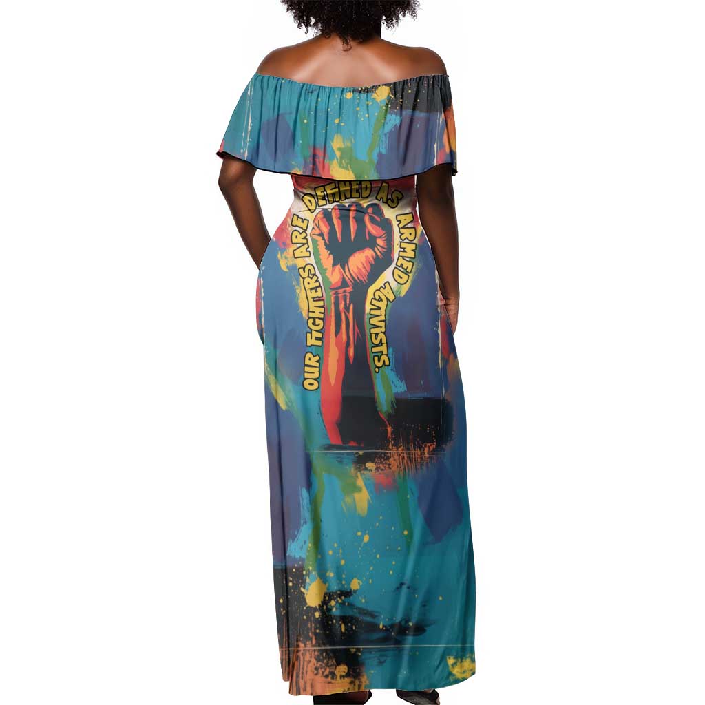 Amilcar Cabral Off Shoulder Maxi Dress Armed Activist Quote Raised Fist African Liberation Tribute - Colorful Paint Stroke - African Pride