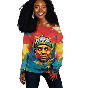Amilcar Cabral Off Shoulder Sweater Armed Activist Quote Raised Fist African Liberation Tribute - Colorful Paint Stroke - African Pride