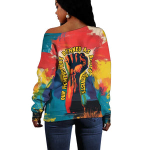 Amilcar Cabral Off Shoulder Sweater Armed Activist Quote Raised Fist African Liberation Tribute - Colorful Paint Stroke - African Pride