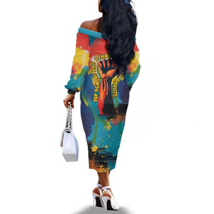 Amilcar Cabral Off The Shoulder Long Sleeve Dress Armed Activist Quote Raised Fist African Liberation Tribute - Colorful Paint Stroke - African Pride