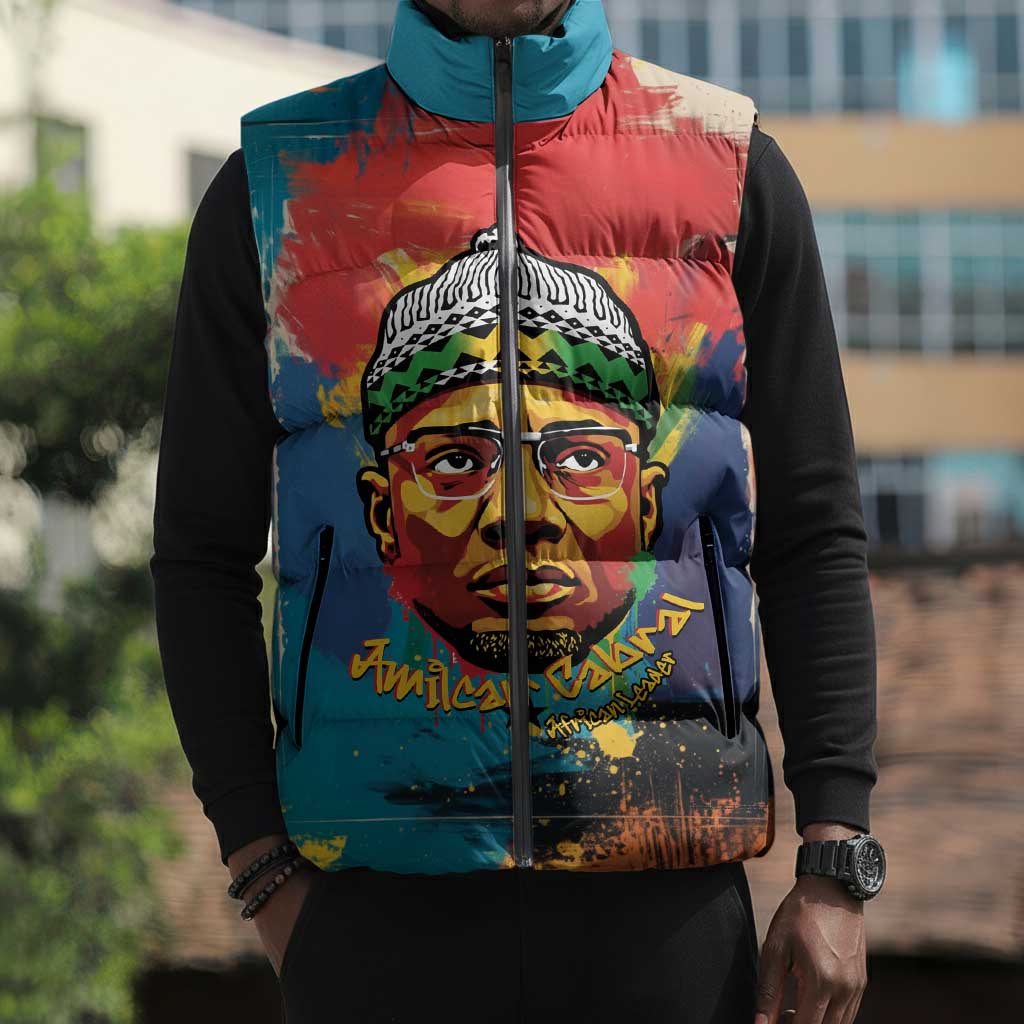 Amilcar Cabral Sleeveless Puffer Jacket Armed Activist Quote Raised Fist African Liberation Tribute - Colorful Paint Stroke - African Pride