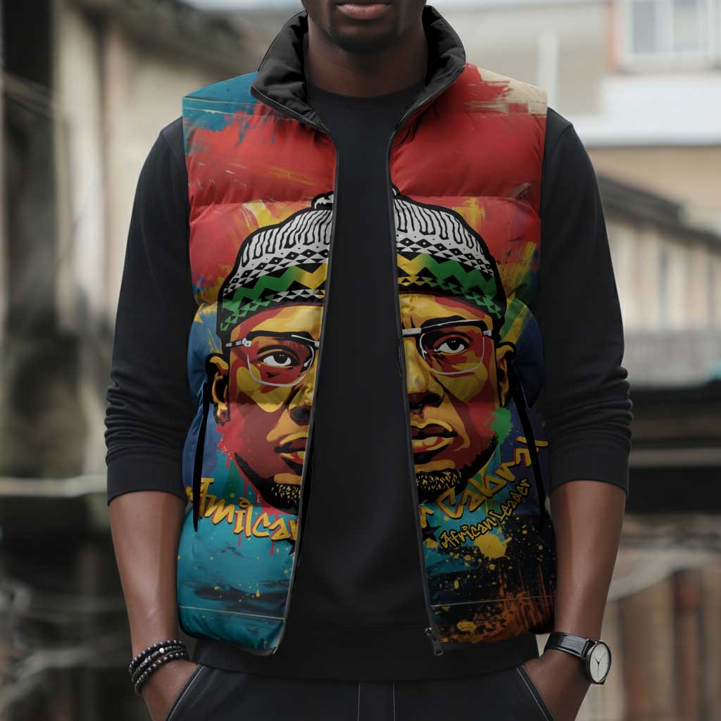 Amilcar Cabral Sleeveless Puffer Jacket Armed Activist Quote Raised Fist African Liberation Tribute - Colorful Paint Stroke - African Pride