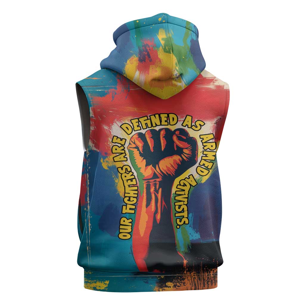 Amilcar Cabral Sleeveless Zip Hoodie Armed Activist Quote Raised Fist African Liberation Tribute - Colorful Paint Stroke - African Pride