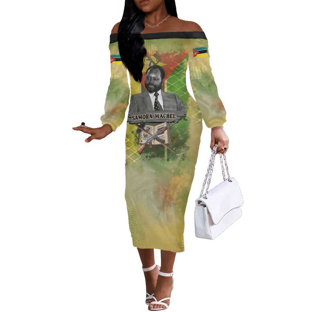 Samora Machel Off The Shoulder Long Sleeve Dress Mozambique Flag Unity and Victory Quote Liberation Struggle - African Freedom Tribute - African Pride