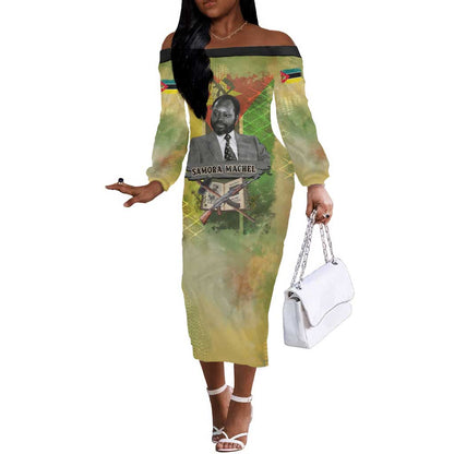 Samora Machel Off The Shoulder Long Sleeve Dress Mozambique Flag Unity and Victory Quote Liberation Struggle - African Freedom Tribute - African Pride