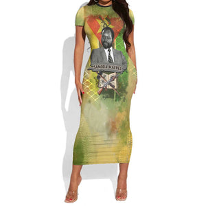 Samora Machel Short Sleeve Bodycon Dress Mozambique Flag Unity and Victory Quote Liberation Struggle - African Freedom Tribute - African Pride