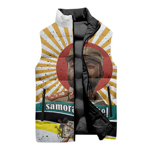 Samora Machel Sleeveless Puffer Jacket Radiant Sunburst Bold Anti-Colonial Quote Mozambique Liberation - African Revolutionary Art - African Pride