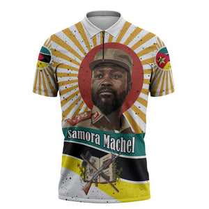 Samora Machel Zipper Polo Shirt Radiant Sunburst Bold Anti-Colonial Quote Mozambique Liberation - African Revolutionary Art - African Pride