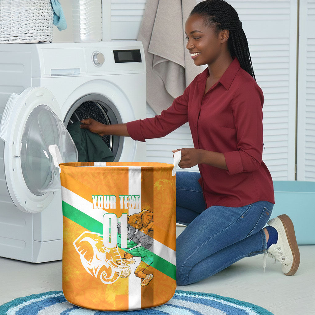 Personalized Ivory Coast Football Laundry Basket Elephant Mascot Flag - Comic Style Graphic