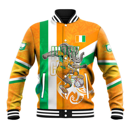 Personalized Ivory Coast Football Baseball Jacket Elephant Mascot Flag - Comic Style Graphic