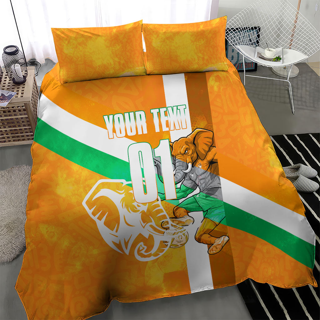 Personalized Ivory Coast Football Bedding Set Elephant Mascot Flag - Comic Style Graphic