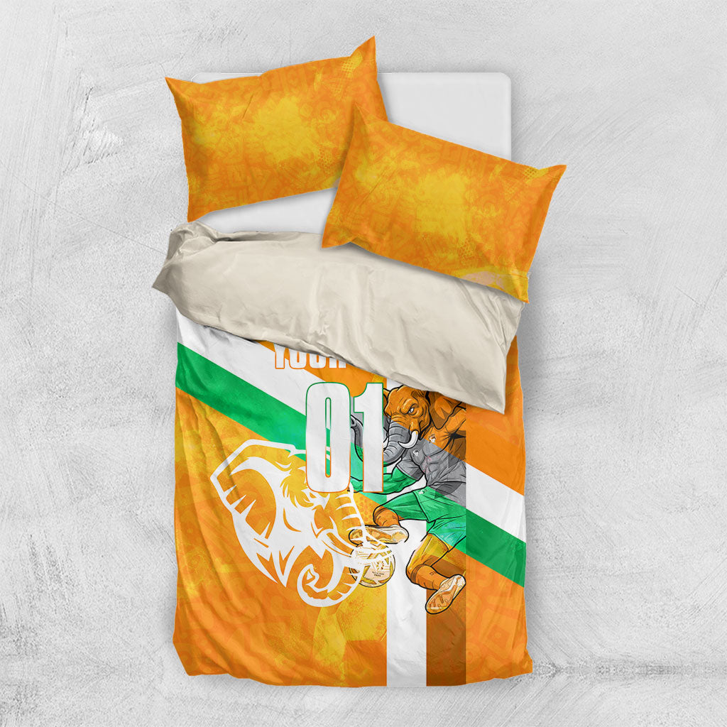 Personalized Ivory Coast Football Bedding Set Elephant Mascot Flag - Comic Style Graphic