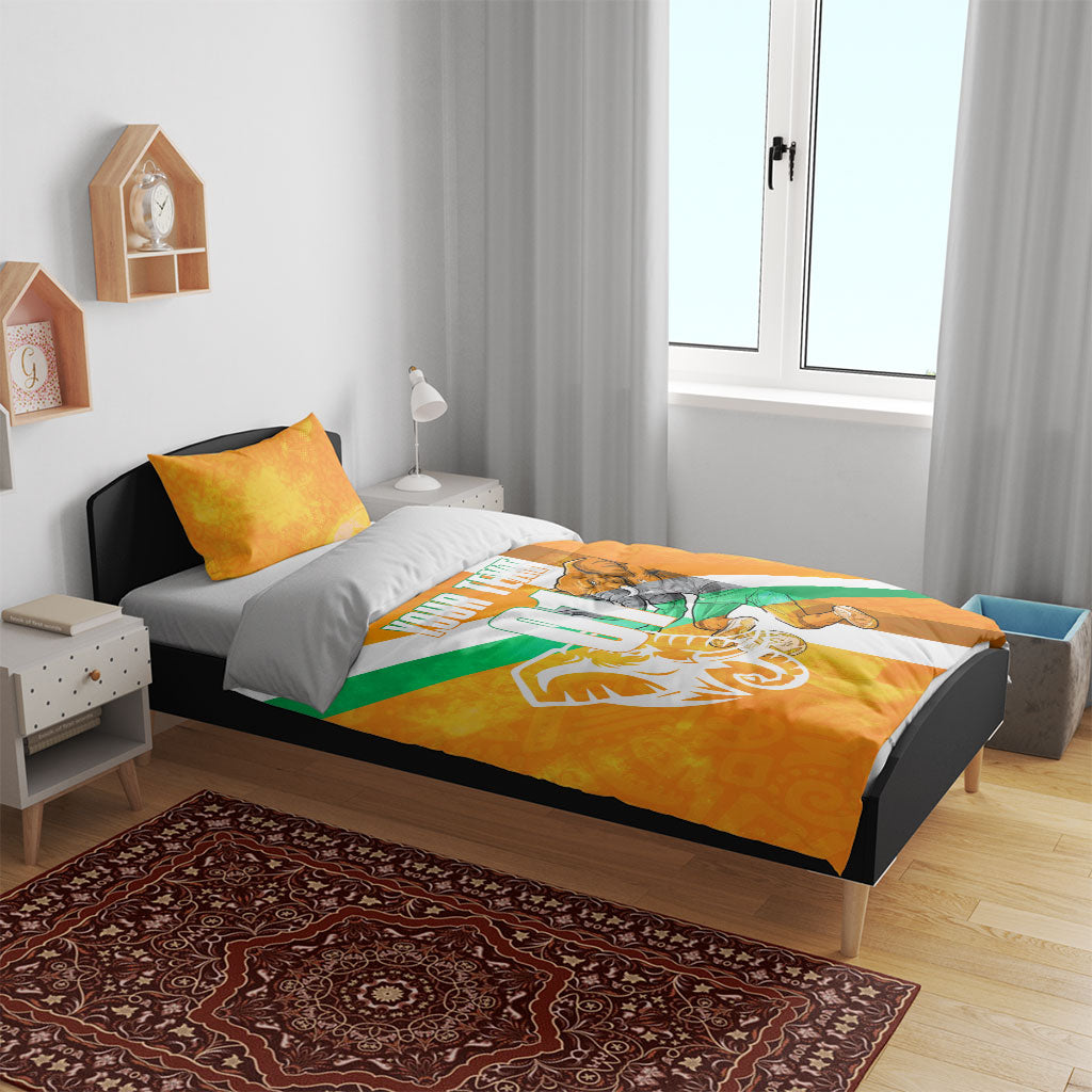 Personalized Ivory Coast Football Bedding Set Elephant Mascot Flag - Comic Style Graphic
