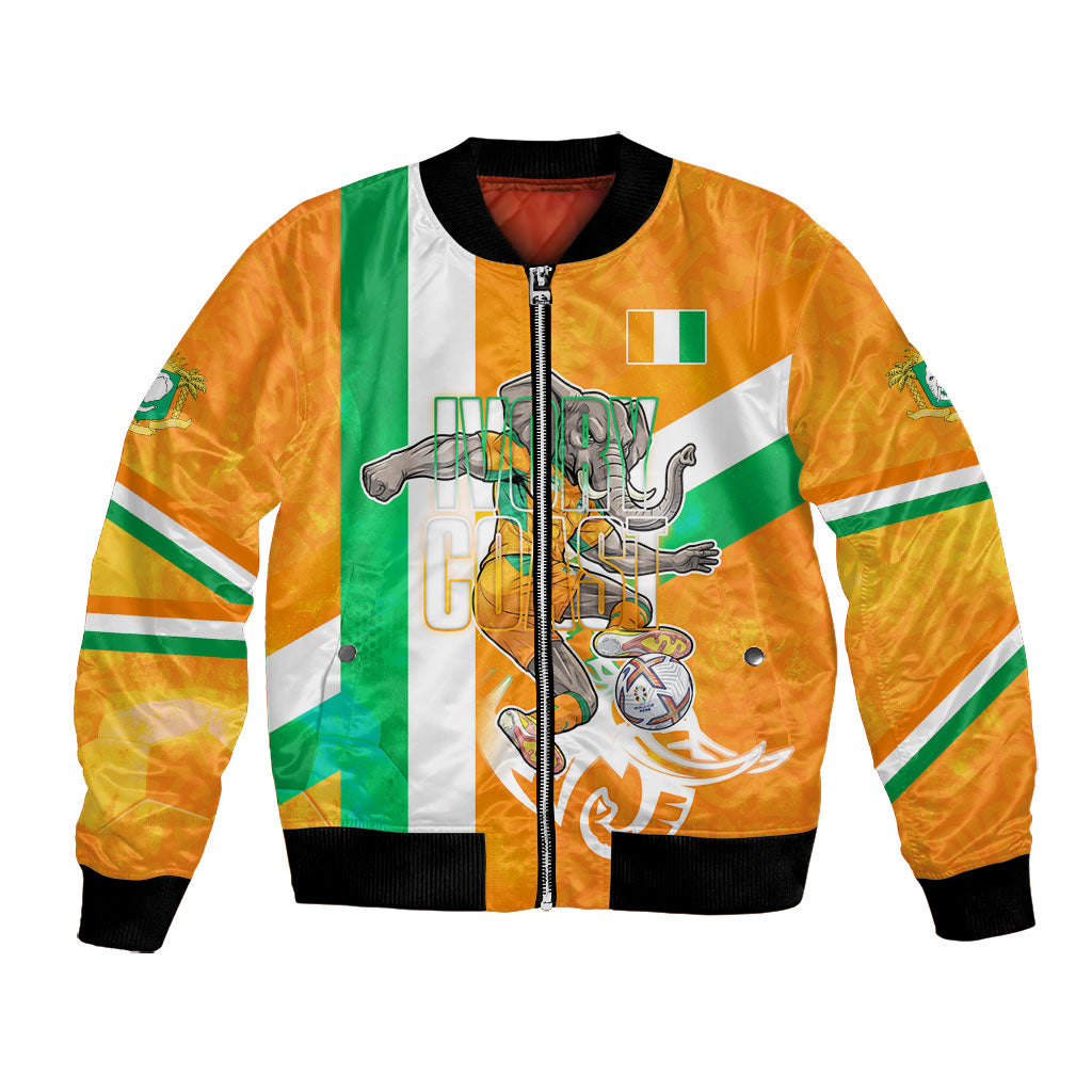Personalized Ivory Coast Football Bomber Jacket Elephant Mascot Flag - Comic Style Graphic