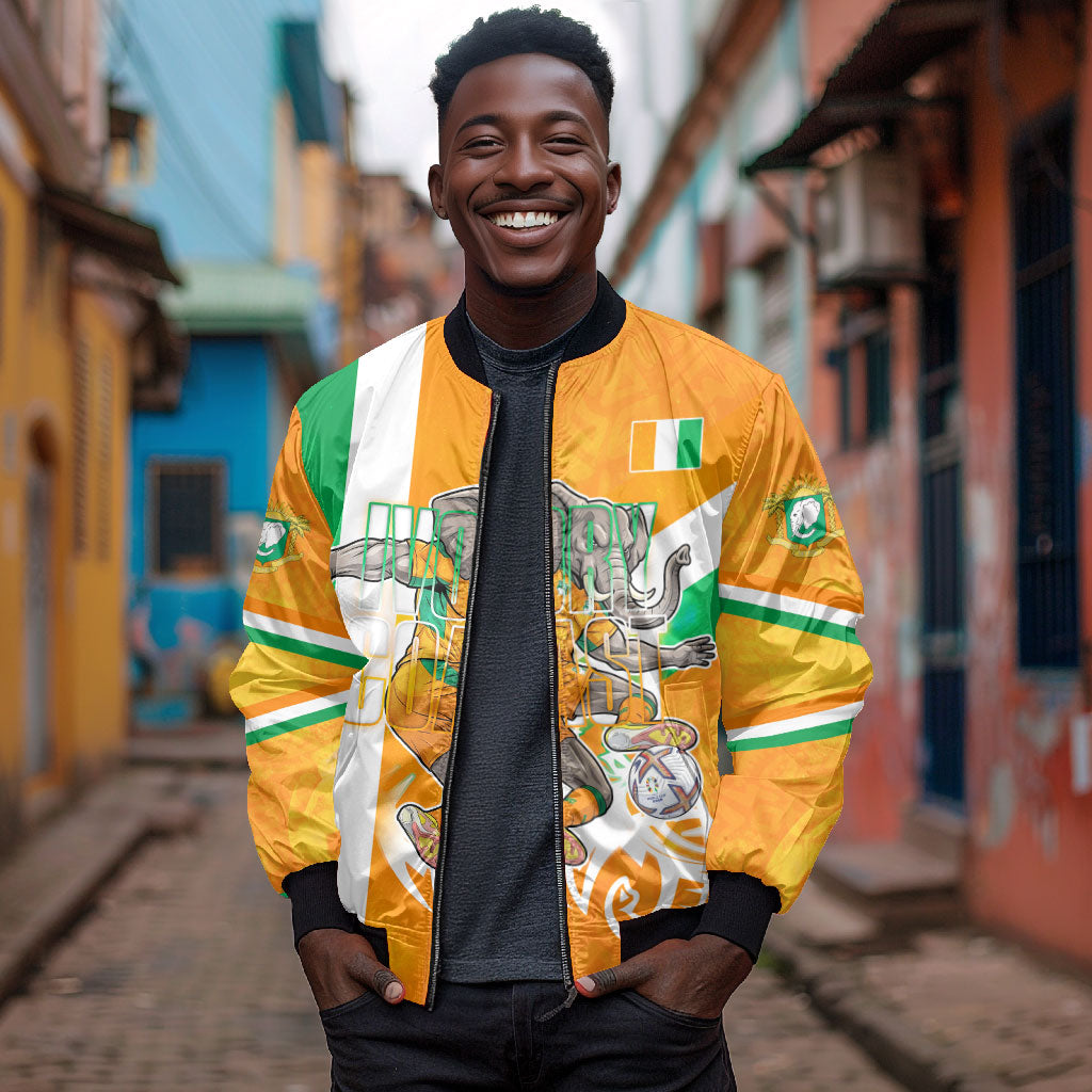 Personalized Ivory Coast Football Bomber Jacket Elephant Mascot Flag - Comic Style Graphic