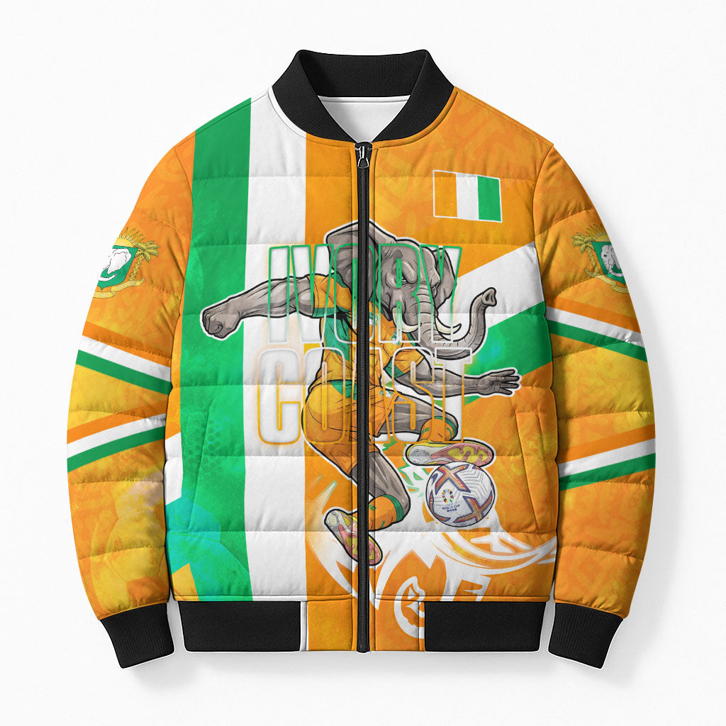 Personalized Ivory Coast Football Bomber Puffer Jacket Elephant Mascot Flag - Comic Style Graphic