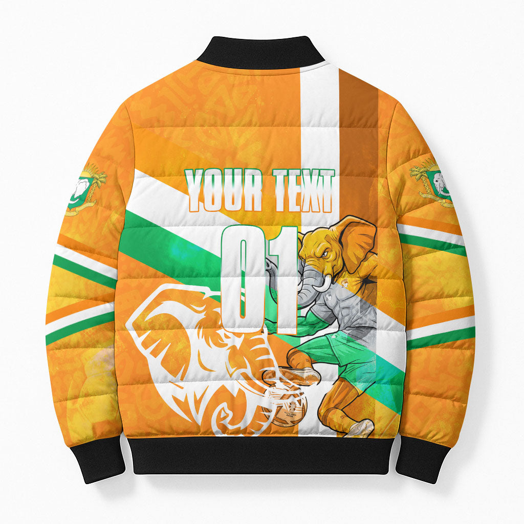 Personalized Ivory Coast Football Bomber Puffer Jacket Elephant Mascot Flag - Comic Style Graphic