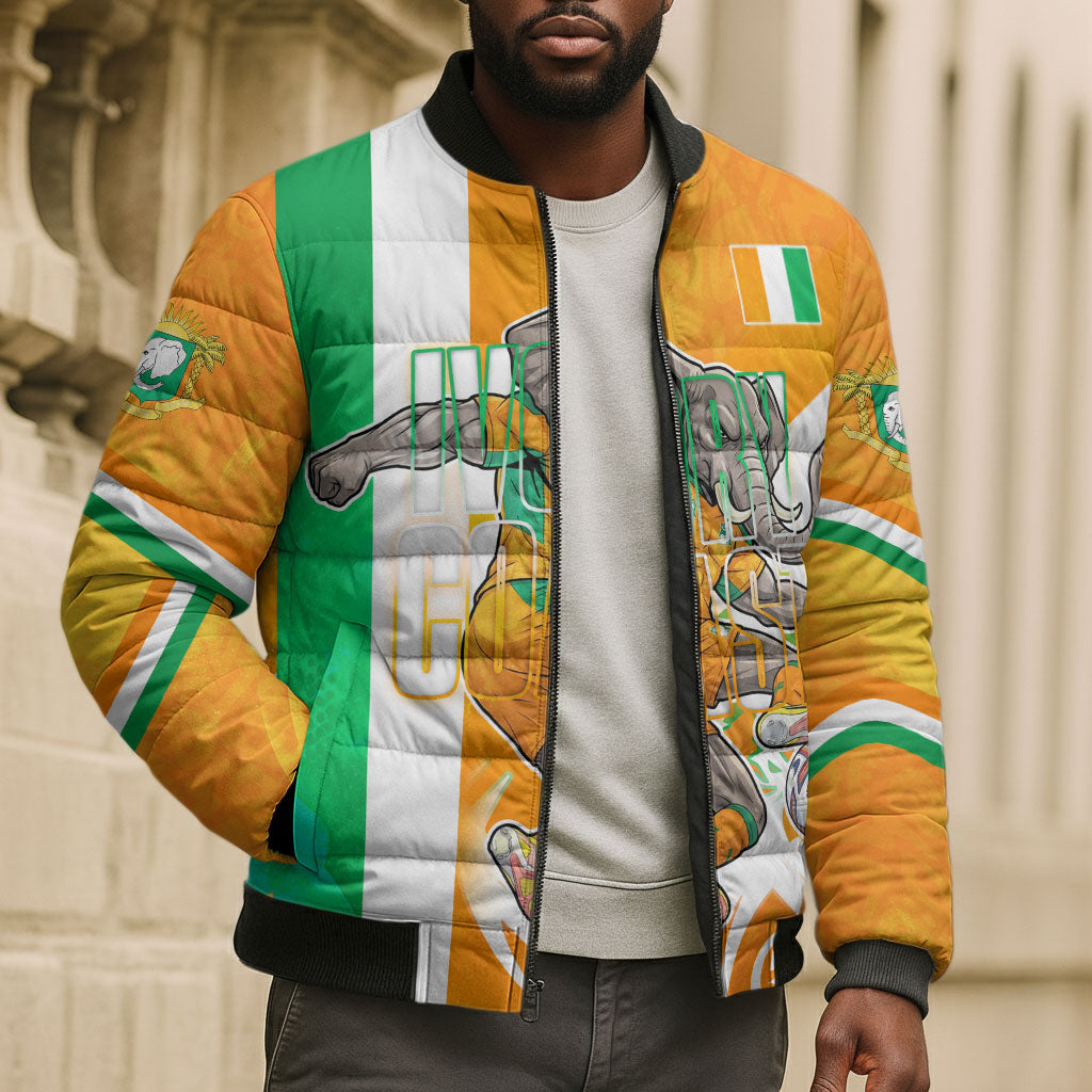 Personalized Ivory Coast Football Bomber Puffer Jacket Elephant Mascot Flag - Comic Style Graphic