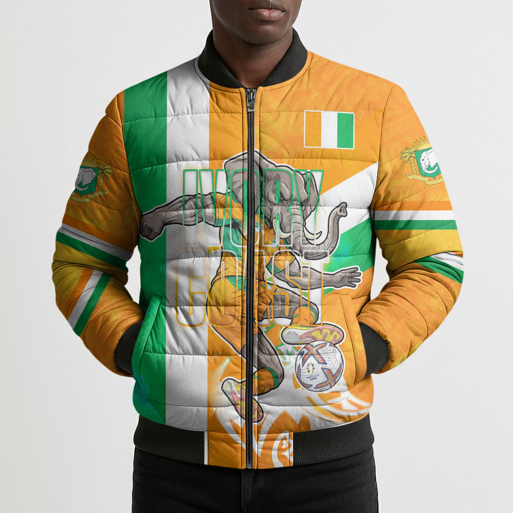 Personalized Ivory Coast Football Bomber Puffer Jacket Elephant Mascot Flag - Comic Style Graphic