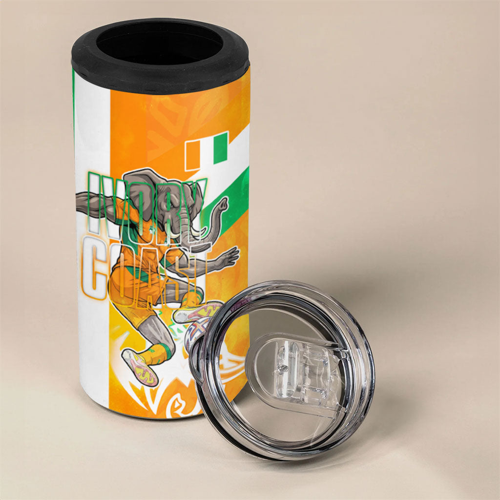 Personalized Ivory Coast Football 4 in 1 Can Cooler Tumbler Elephant Mascot Flag - Comic Style Graphic