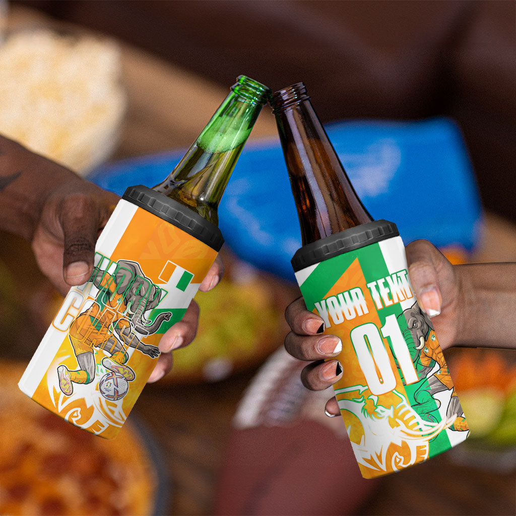 Personalized Ivory Coast Football 4 in 1 Can Cooler Tumbler Elephant Mascot Flag - Comic Style Graphic