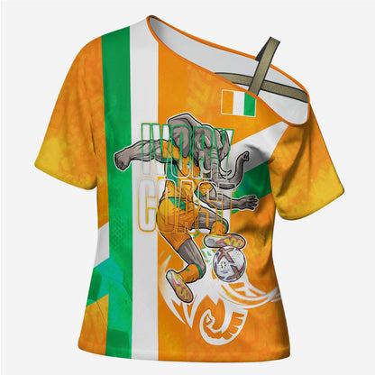 Personalized Ivory Coast Football Cross Shoulder Shirt Elephant Mascot Flag - Comic Style Graphic
