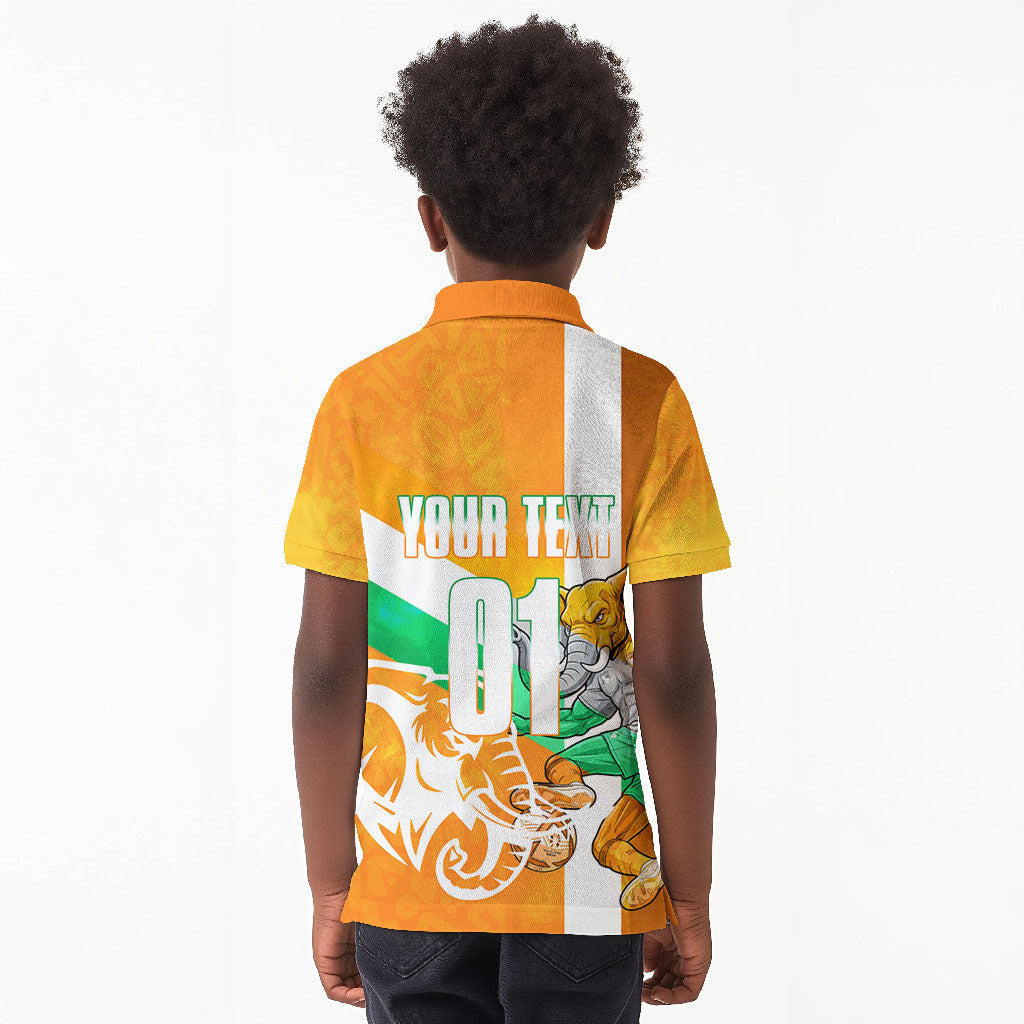 Personalized Ivory Coast Football Kid Polo Shirt Elephant Mascot Flag - Comic Style Graphic