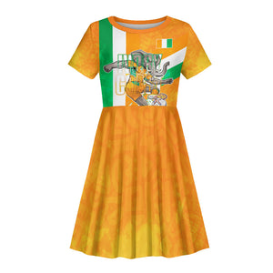 Personalized Ivory Coast Football Kid Short Sleeve Dress Elephant Mascot Flag - Comic Style Graphic