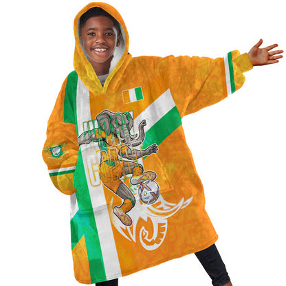 Personalized Ivory Coast Football Kid Wearable Blanket Hoodie Elephant Mascot Flag - Comic Style Graphic